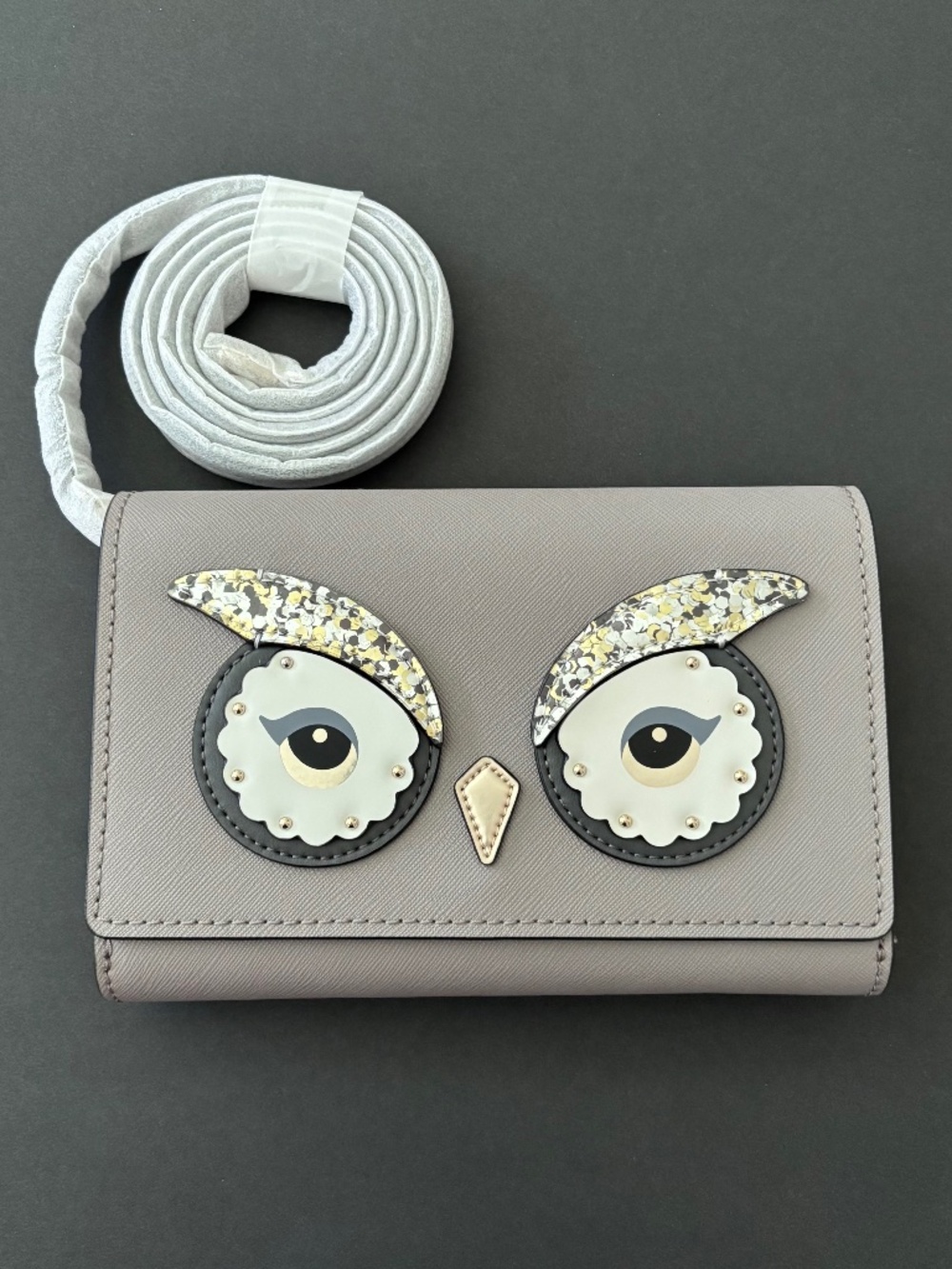Kate Spade Star Bright Cityscape Owl Summer Taupe Leather Purse / Clutch - NEW